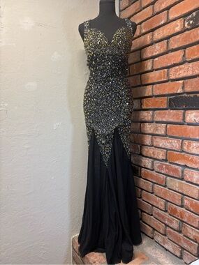Jovani Couture Black Gold Crystal Beaded Prom Pageant Gown Open Back Dress